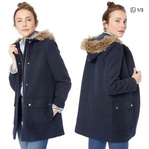 J. Crew mercantile wool navy blue faux fur hooded coat